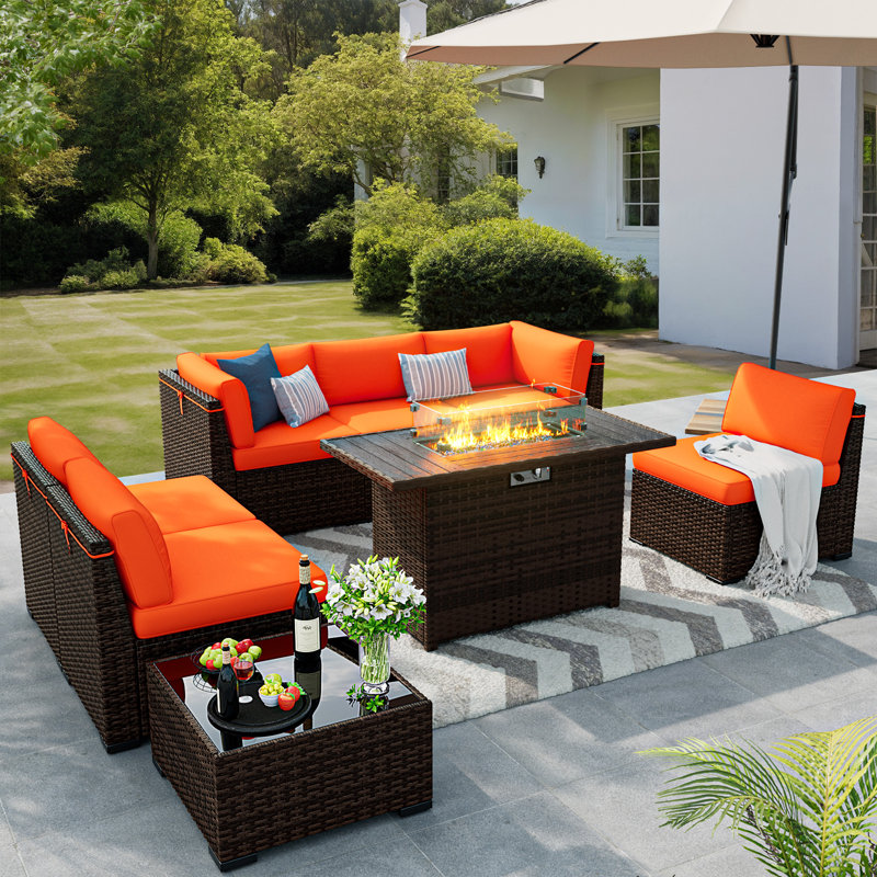 Treyshun Wicker 6-Person Sectional Conversation Sets with Cushions, Orange, Yes