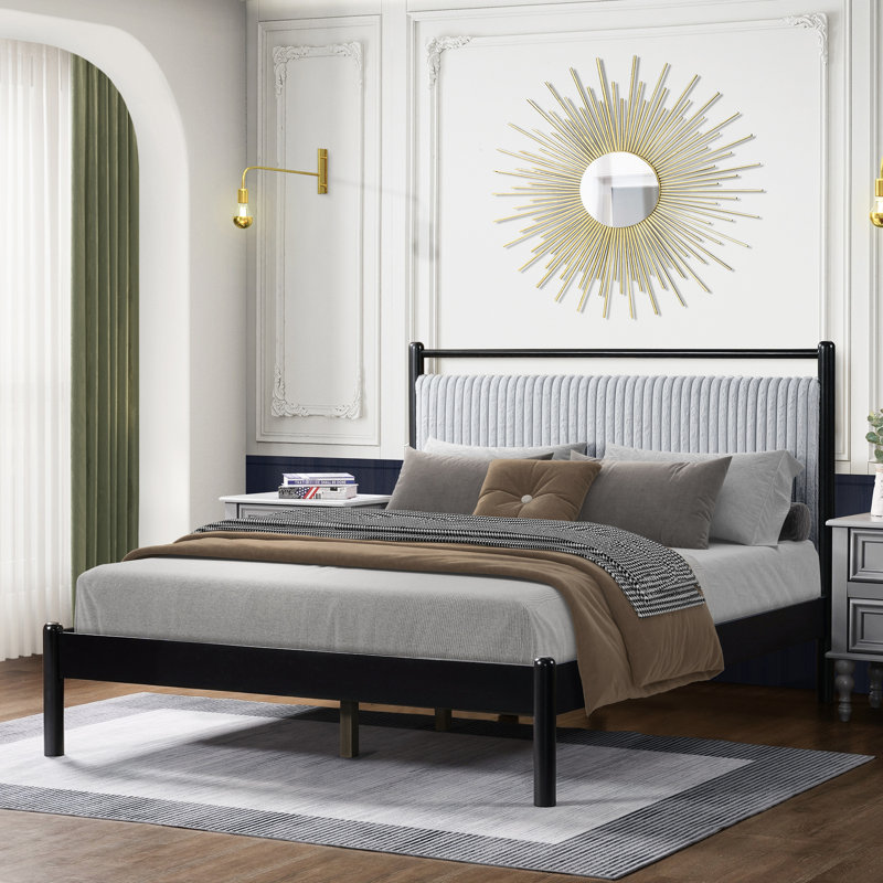 Structure de lit double en bois pleine grandeur avec tête de lit moelleuse, conception grise et noire, pieds en bois d'hévéa massif, lattes de grande capacité pour la chambre à coucher