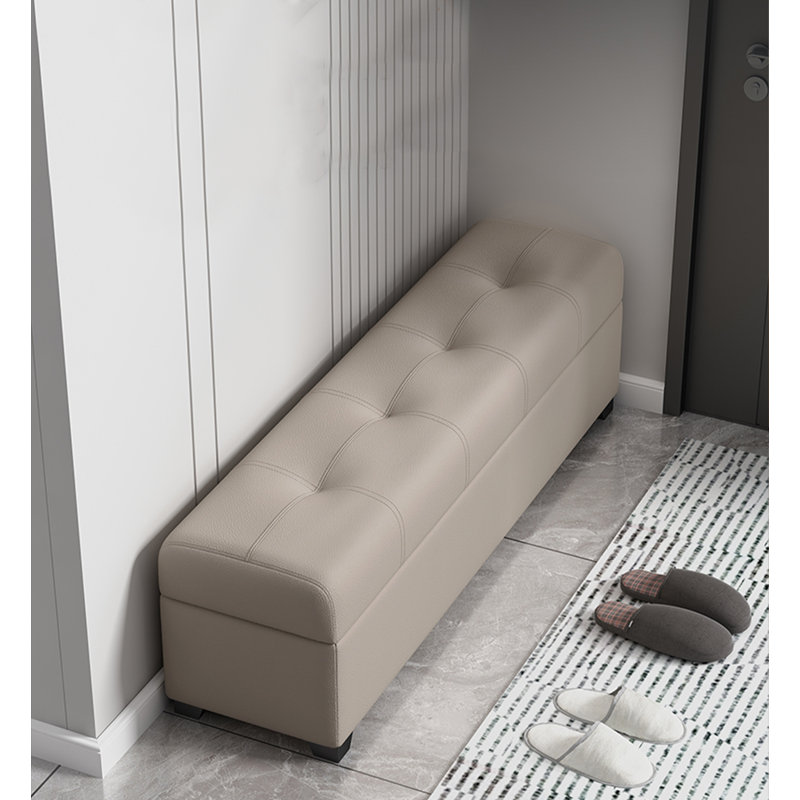 Narrow - Design Stitched Leather Solid Wood Storage Ottoman, Cream