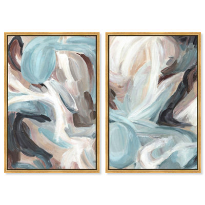 Modern Shapes Diptych Canvas Print Blue and Sage Art Set by Art Remedy, Black Frame, 10 x 15