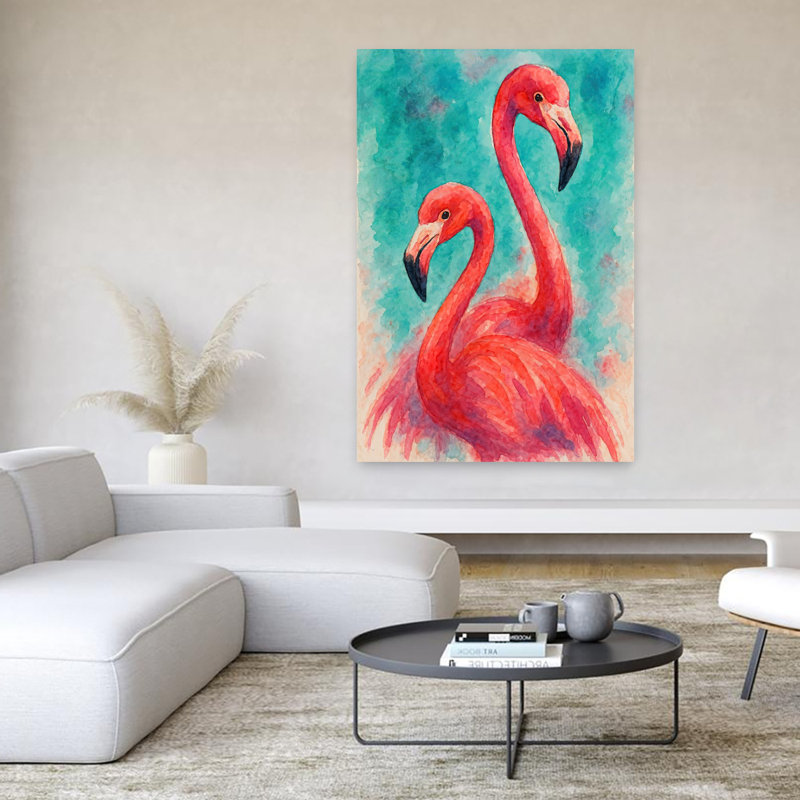 Deux flamants roses aux couleurs vives tropicales, H 60 po x l 40 po