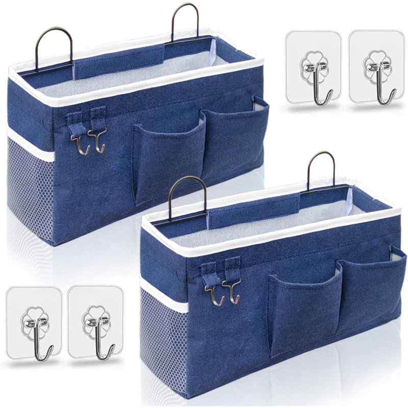 Grand sac de rangement mural 2 pièces, paniers de rangement suspendus en lin avec poches, bac imperméable pour la cuisine, la chambre à coucher, le bureau, le camping-car (bleu)