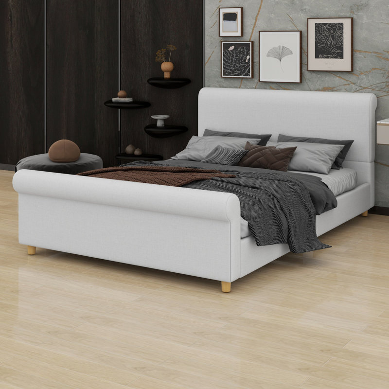 Bed frame with high headboard and rolled footboard with screw-locked slat construction for noise-free nights, Queen