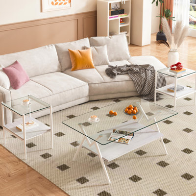 De 3 tables basses et tables de bout, conception moderne en verre trempé avec options de rangement, décor de salon, capacité de charge de 110 lb pour les tables, plateau de table, support de pieds en fer, L 38,6 po x l 22,35 po