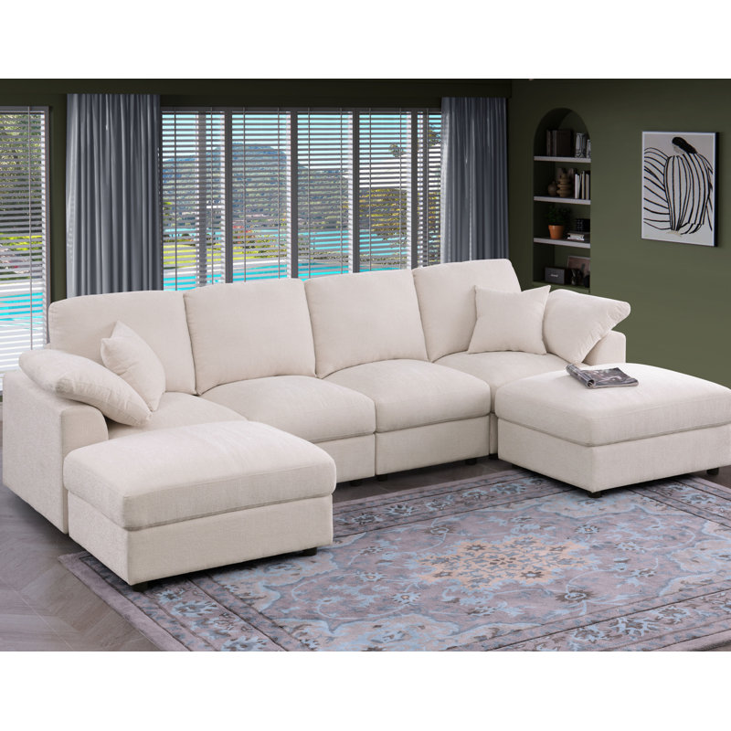 Sectional Sofa With 2 Ottomans, Beige