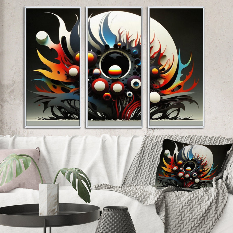 «Minimalist Colorful Spheres and Waves», reproduction sur toile 3 pièces, H 28 po x l 36 po x P 1 po, Toile avec cadre blanc