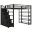 Lit mezzanine double en métal avec tablettes de rangement, armoires et garde-robe, noir
