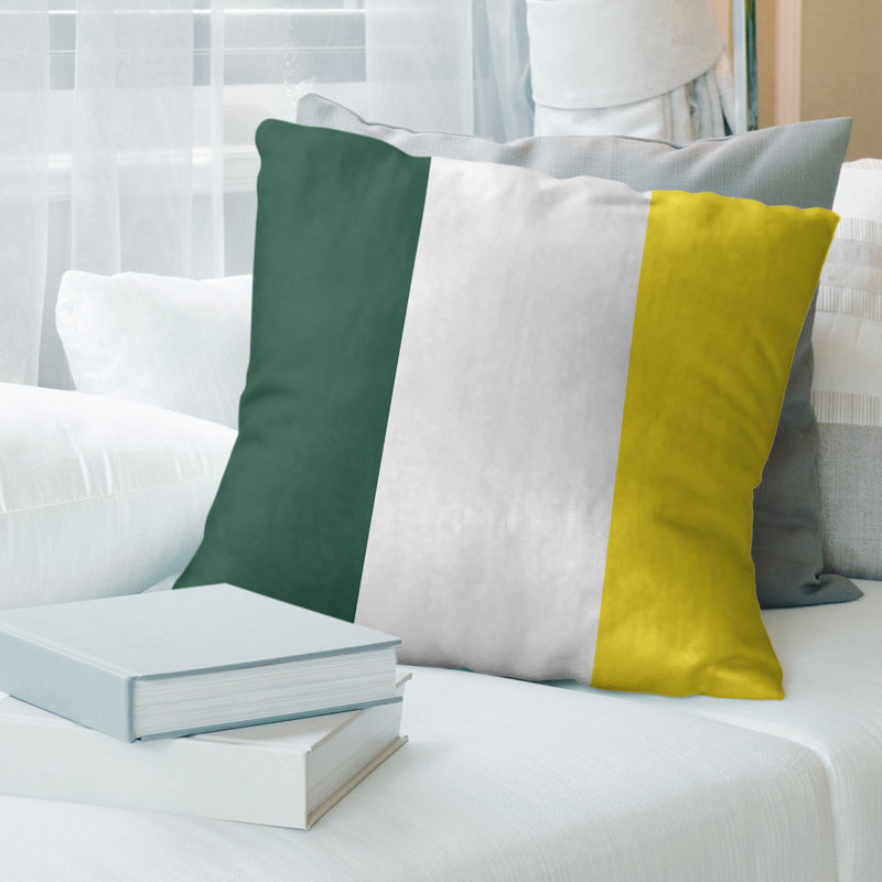 Leather/Suede Reversible Throw Pillow, 14" x 14", Green/White/Yellow