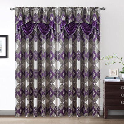 Petrichor Elegance Curtains with Gold Silver Threads 2 Panels Set - Luxury Window Treatment Attached Valance, Sheer Backing, and 2 Tie Backs for Bedroom and Living Room, 54x84 inches, Purple