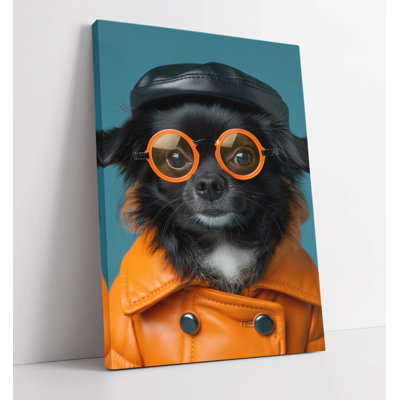 Long-haired Chihuahua wearing an orange jacket and glasses Canvas Wall Art Print