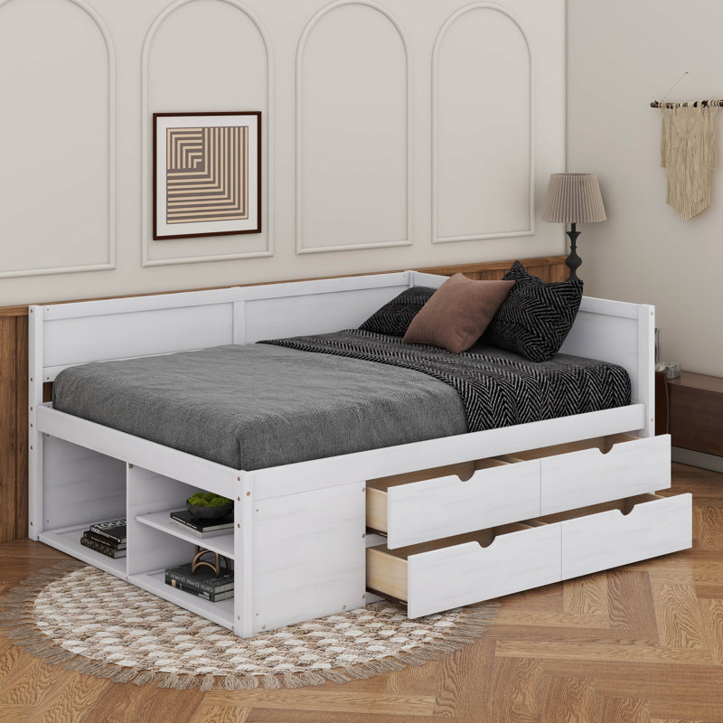Daybed With Drawers And Shelves, Full, White