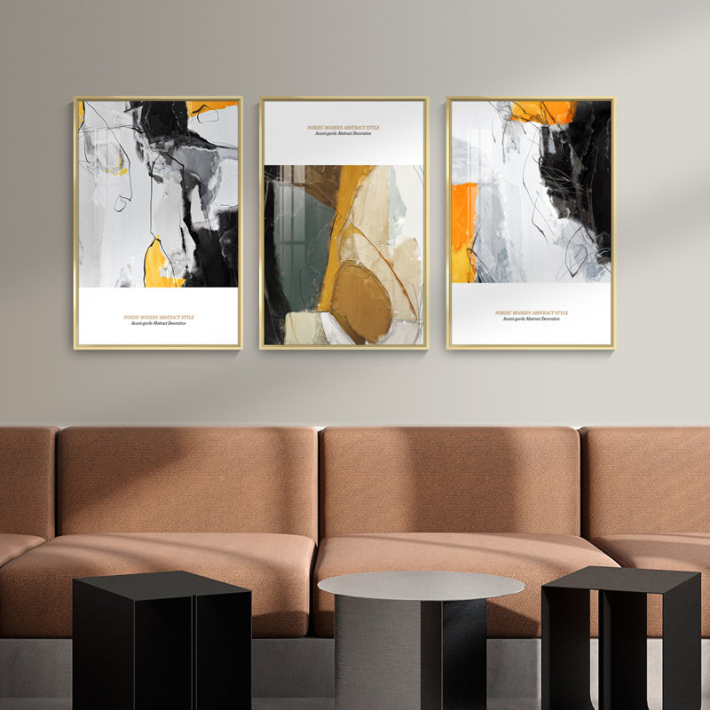 Abstrait aluminium encadré, ensemble de 3 reproductions d'art encadrées sur toile, H 16,3 po x l 36,3 po x P 1,65 po