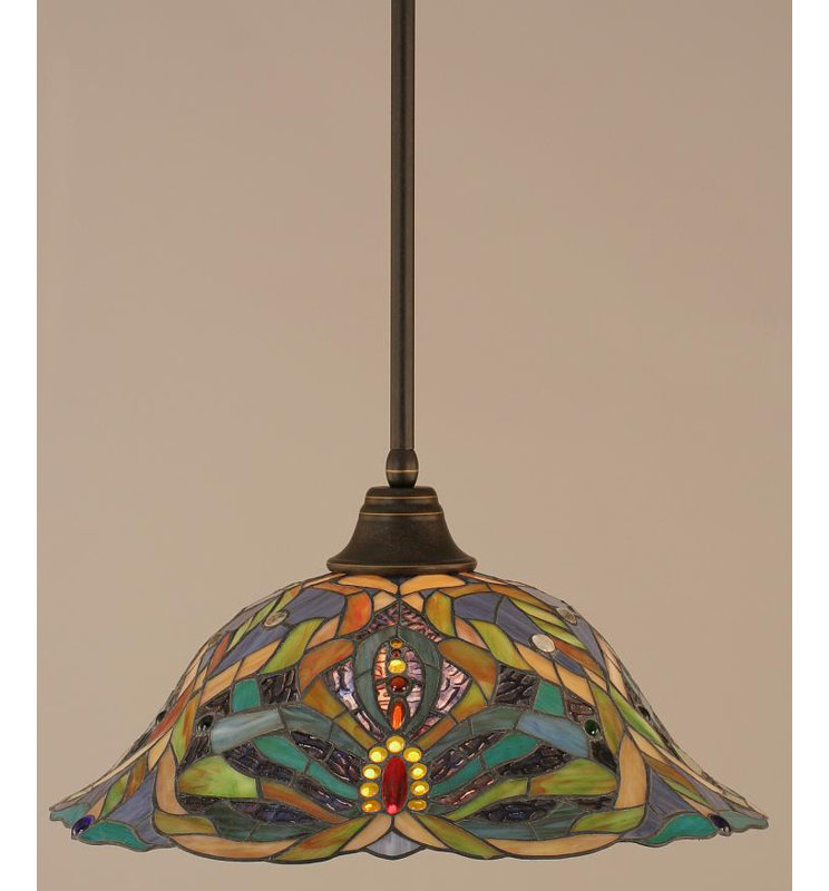 Stem Hung Pendant With Glass, Dark Granite, 18", Kaleidoscope Tiffany Glass