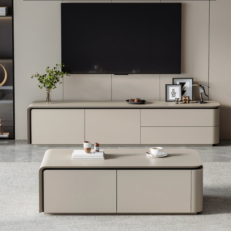 Meuble télé ouvert avec table basse et grand rangement, Gris