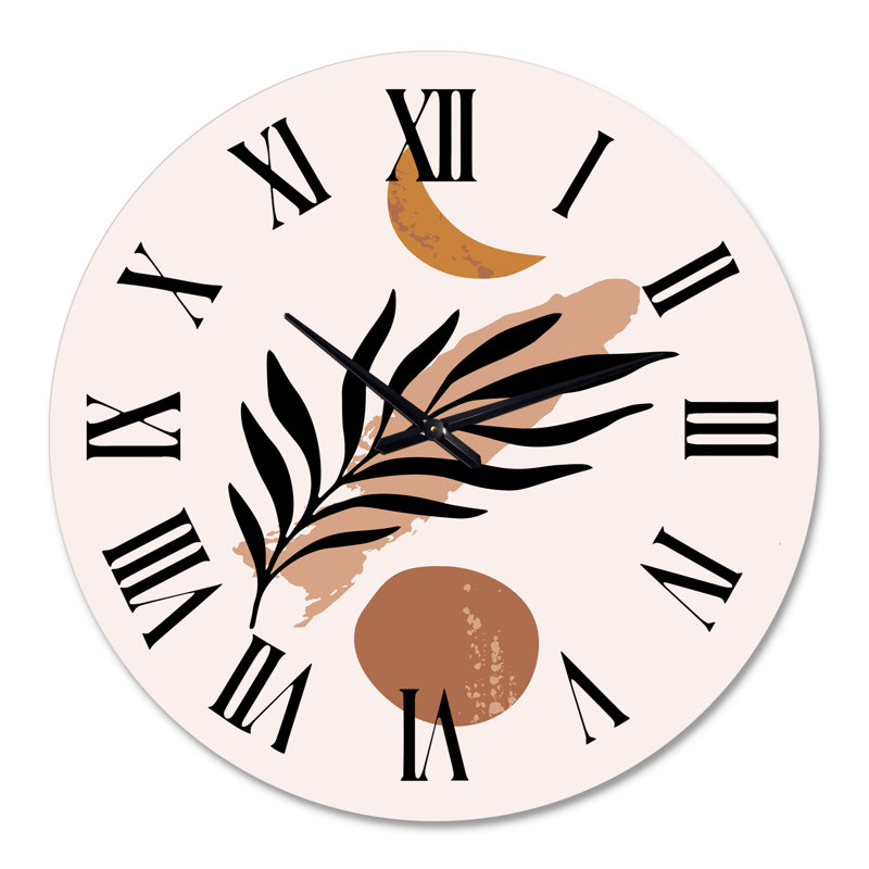 Abstact Minimal Sun, Moon & Tropical Palm Leaf I - Modern Wall Clock, 36" H x 36" W x 1" D