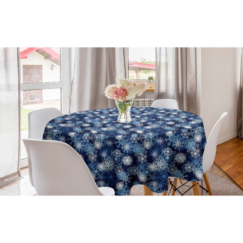 Ambesonne Winter Round Tablecloth, Various Different Ornate Snowflakes Blizzard Cold Season Xmas Themed, Circle Table Cloth Cover For Dining Room Kitchen Decoration, 60", Pale Blue Dark Blue