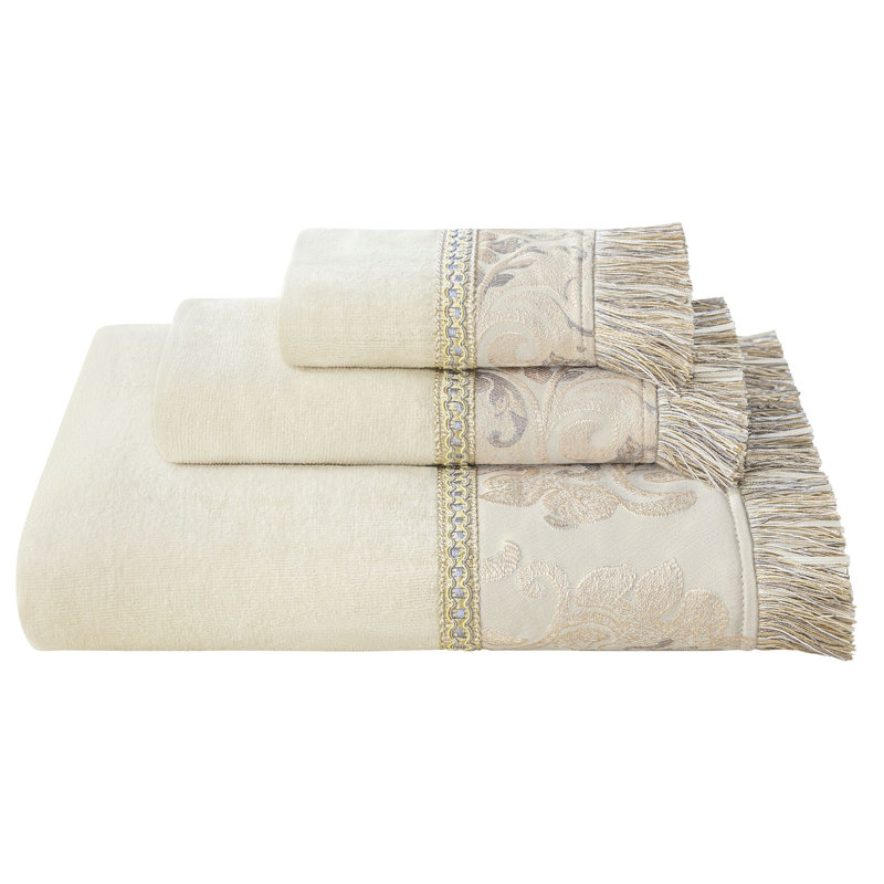 3-Piece Beige Velour Cotton Bath Towel Set, Absorbent Decorative Damask Towel Set