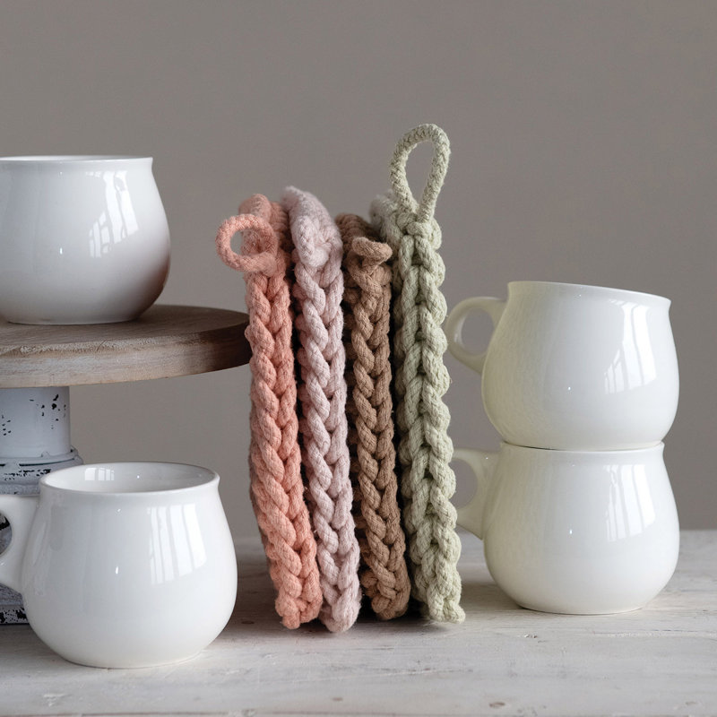 Poignée carrée en coton crocheté (chacun variera), Vert / rose / brun