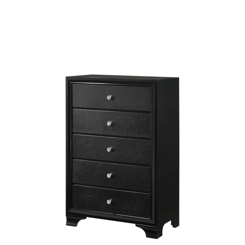 Modern Glam Style Black Finish Glam Five Drawer Chest, Black