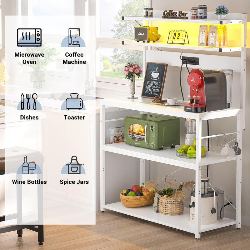 5-Tier Kitchen Microwave Stand with Power Outlet & LED Lights - Coffee Bar Station w/ 6 S-Hooks - Spice/Pot Storage Rack - Free Standing Utility Shelf