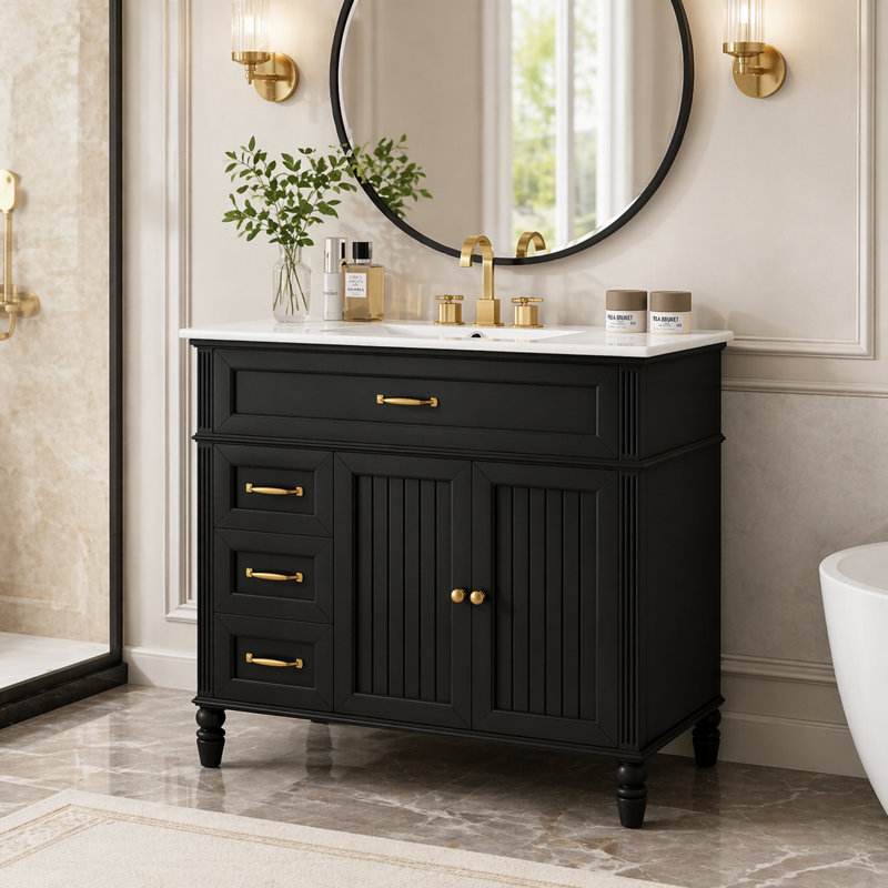 Meuble-lavabo simple 36 po avec lavabo, 3 tiroirs et armoire à deux portes Sanoxis