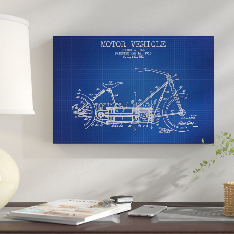 « joshua a. hill motor automobile schema », reproduction d’impression sur toile dans une grille bleue, Toile tendue
