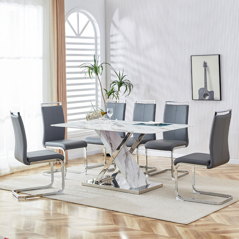 Glass Dining Table Set For 6, Grey/Silver, 7