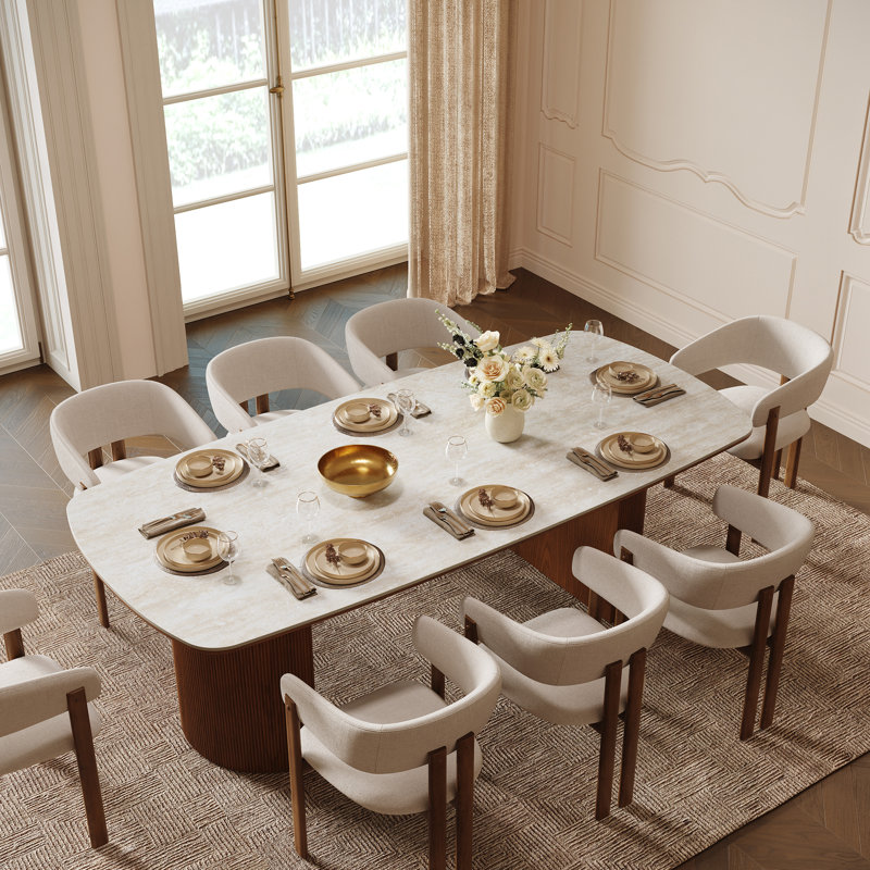  Iris Sintered Stone 78.7'' Solid Wood Pedestal Oval Dining Table Seat 6-8, Travertine/Brown, Rectangular