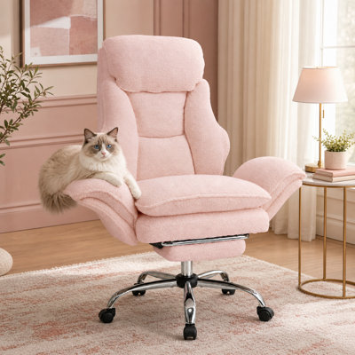 Chaise de bureau Criss Cross avec roulettes, chaise de bureau à pieds croisés avec repose-pieds, chaise de bureau Cross Criss avec accoudoirs rabattables, coussin de 7,87 po, fauteuil de bureau inclinable en molleton en peluche à 155 °, 400 lb, blanc