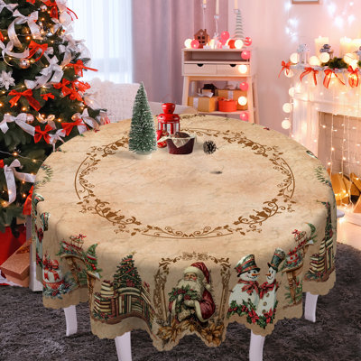 1pc round/rectangular polyester tablecloth, Christmas tablecloth with pine, snowman, truck, embosed edge, Christmas decorations for dining table, festival party holiday table decoration, perfect festival gift
