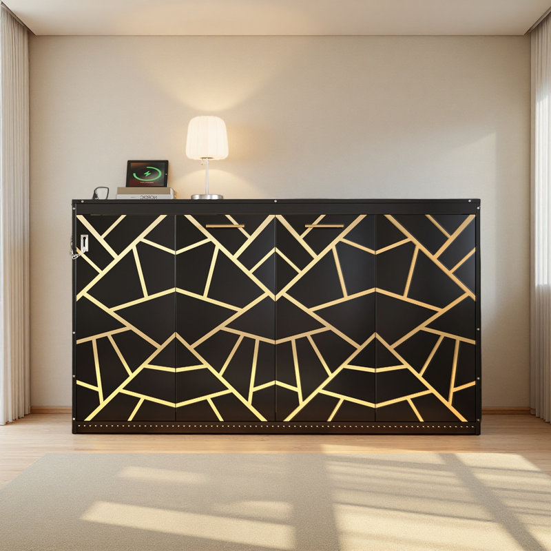 Lit escamotable moderne pliant sur le côté avec motif imprimé tendance, éclairage DEL sous le lit et prise USB intégrée - conception peu encombrante
