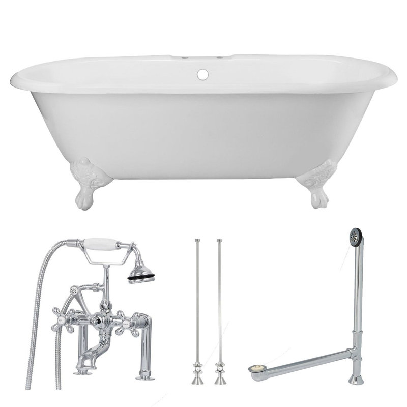 x Freestanding Bathtub, White / White Feet / Chrome Fixtures