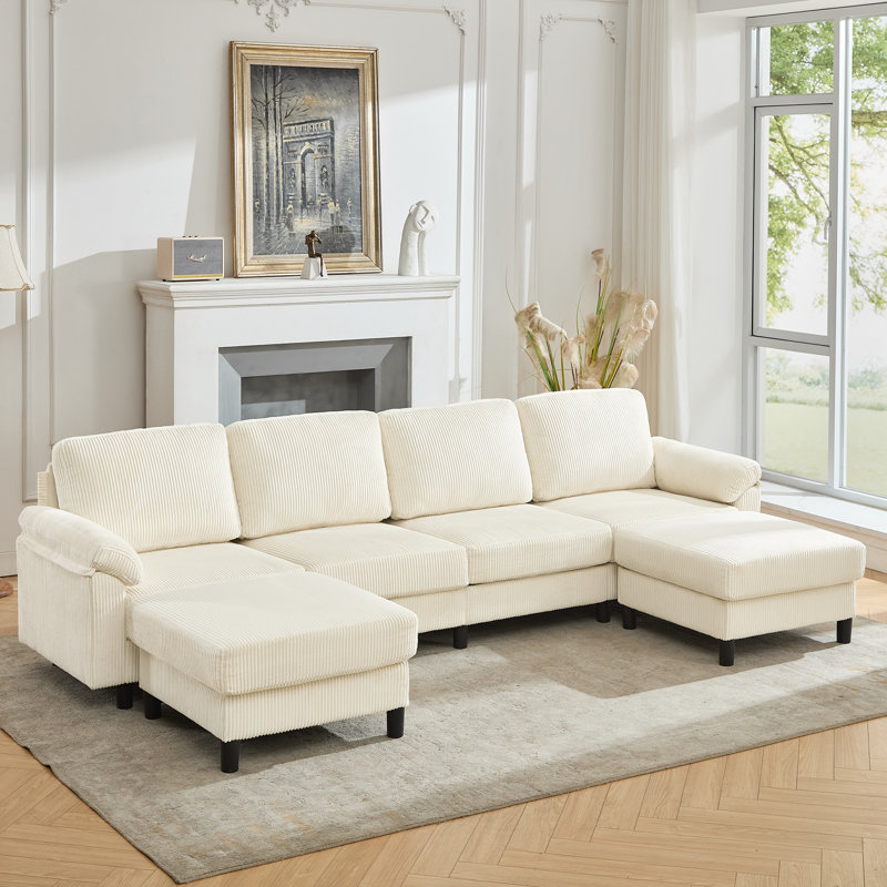 116.5'' Wide U-shaped Modular Sectional Sofa With Reversible Ottomans, Corduroy Upholstery, Cloud-like Cushions