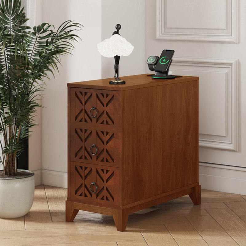 End Table With 3 Drawers, Corner Table With 4 Open Shelves, Tall Side Table For Bedroom And Corner