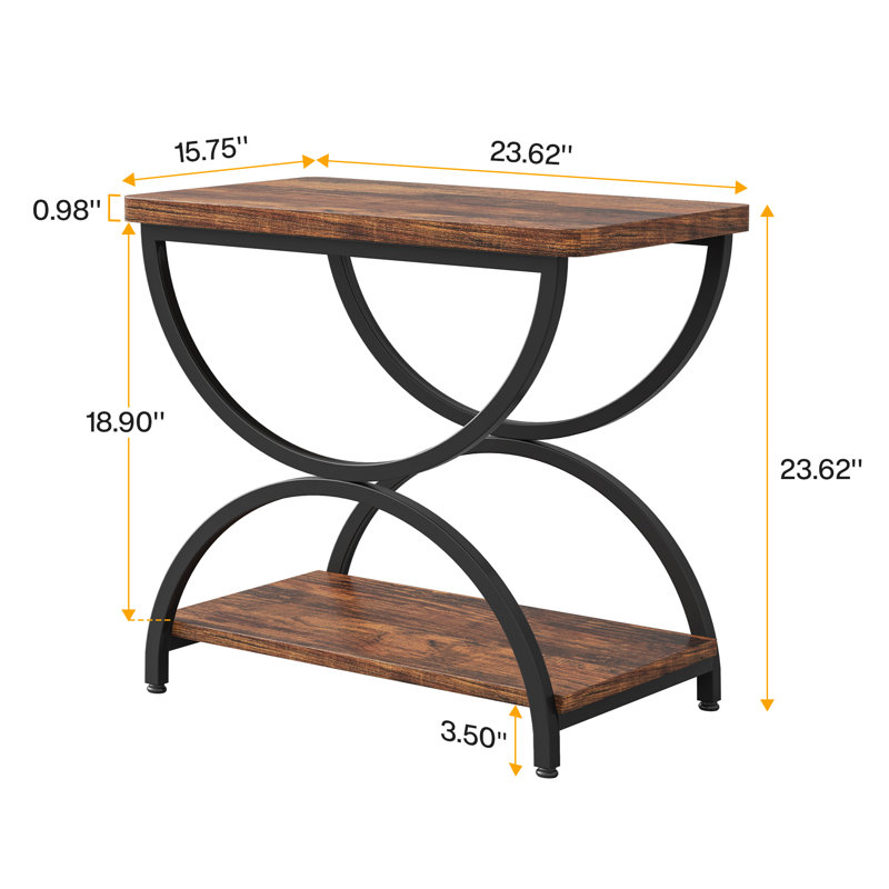 Tashai 2-Tier Rectangular End Side Table with Semicircular Metal Legs, Black, Reddish Brown