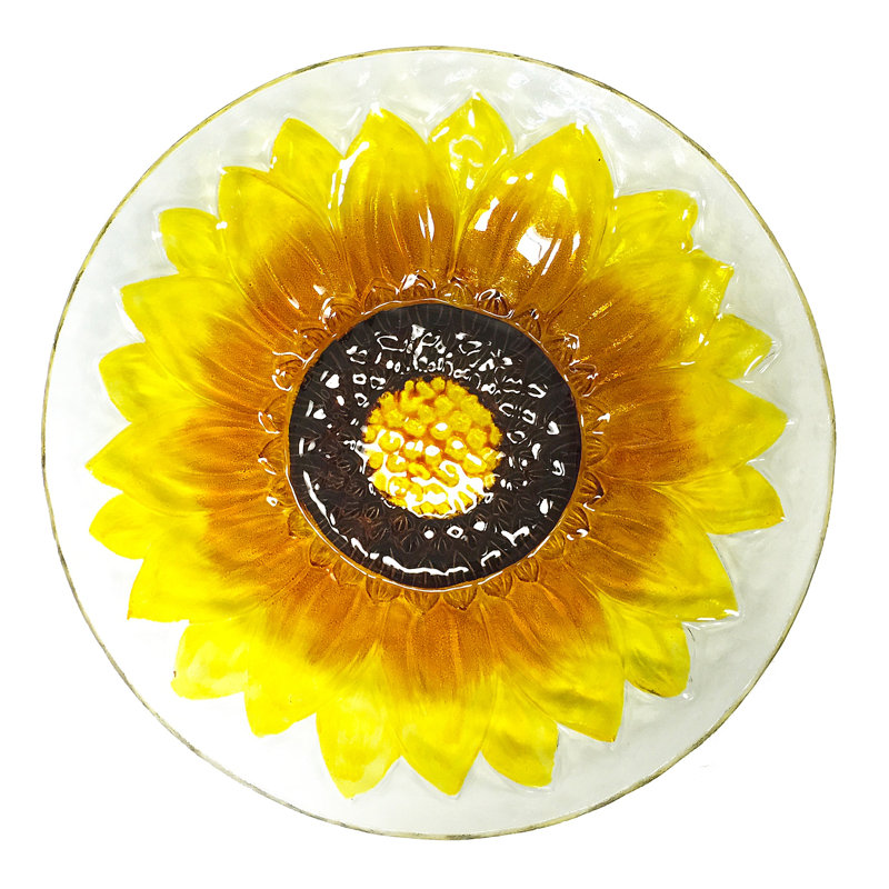 18" Hand Painted Yellow Sunflower Glass Bird Bath Bowl