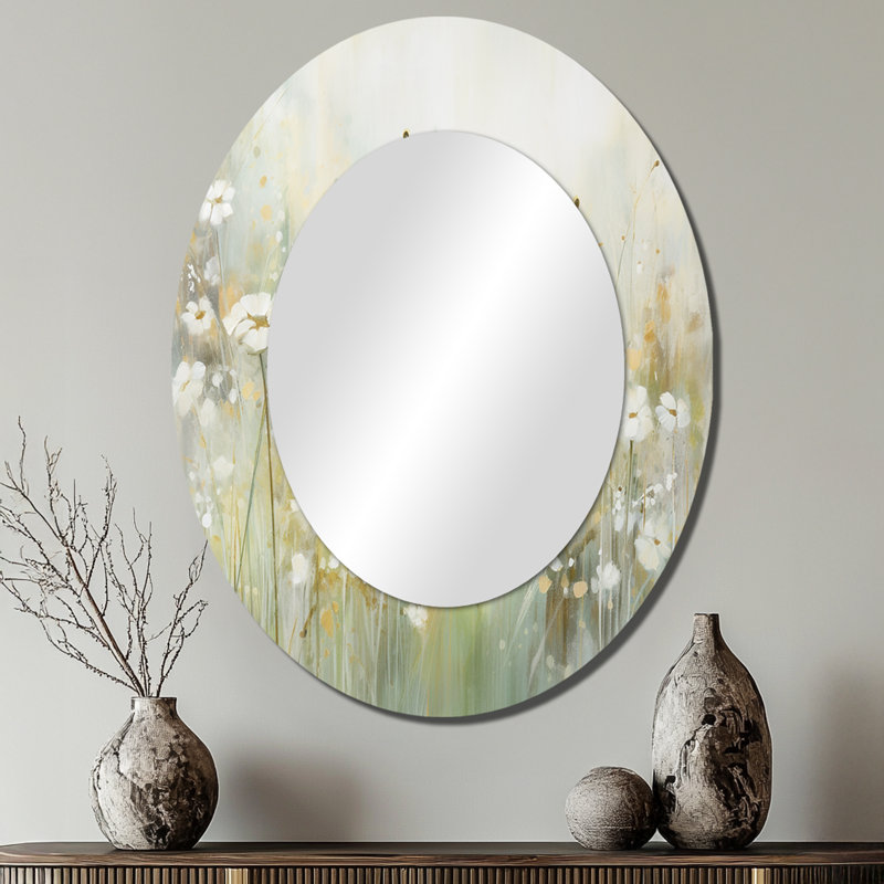 Green Beige Serene Meadows II - Abstract Oval Decorative Mirror On Metal, 40" x 30"