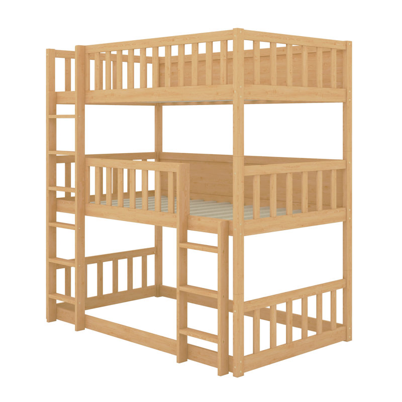 Kayda Twin Over Twin Over Twin Triple Rubber Wood Bunk Bed, With Ladders, Guardrails Detachable Bunk Bed, White Oak