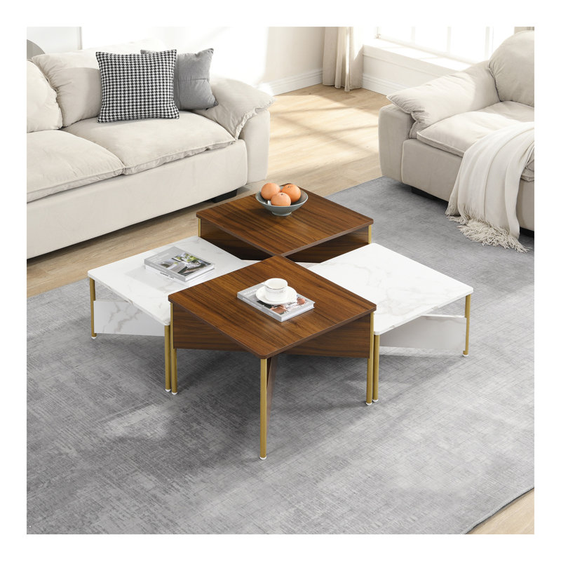 Modern Nesting Coffee Tables Set Of 4 -Mid Century Modern Square Living Room Table, Free Adjustable Shape,Versatile And Stylish Accent Furniture For Your Living Room White & Walnut Color