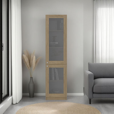 Armoire bibliothèque à double porte en verre avec 5 tablettes intérieures pour le rangement du linge ou des décorations dans les salons, les chambres à coucher ou les salles de lavage