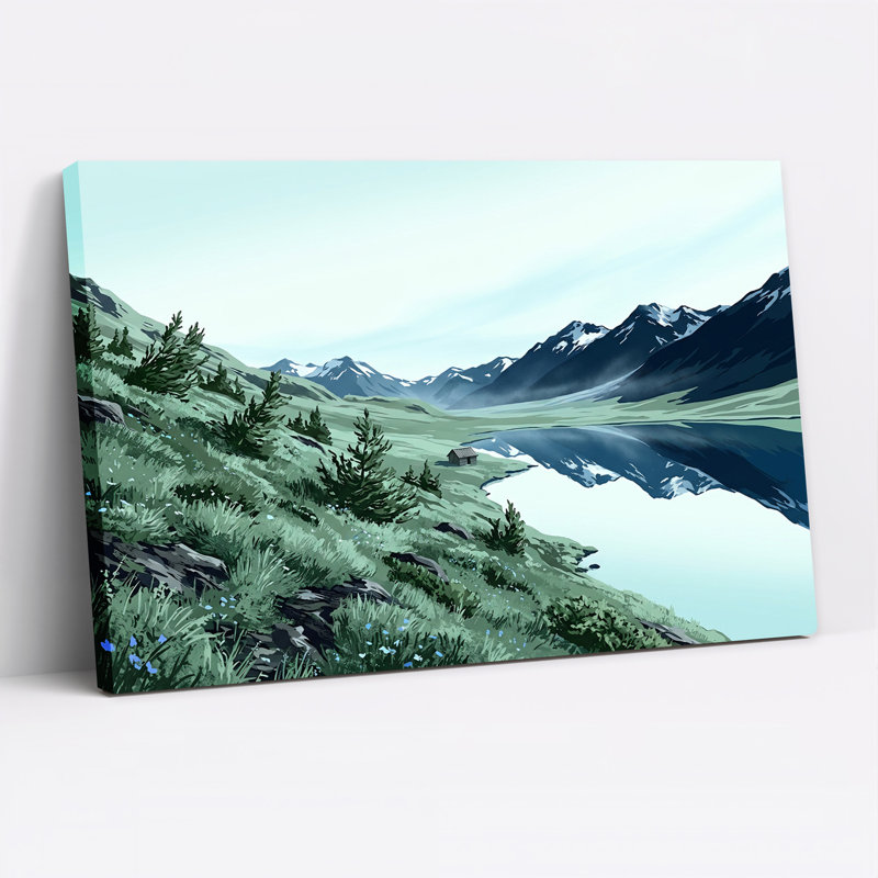 Toile murale représentant une chaîne de montagnes enneigées surplombant un lac bleu et une cabane, 36"H x 48"W