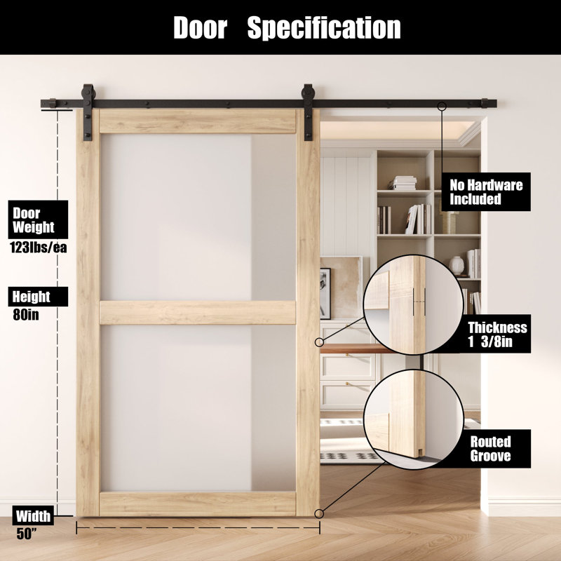 Porte de grange coulissante en bois massif non assemblé 50 x 80, 50 po x 80 po