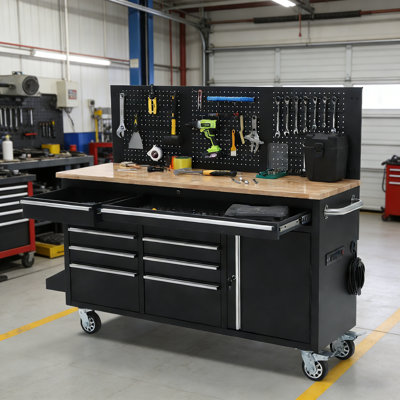 Coffre à outils roulant 61 pouces, établi mobile robuste avec station de charge, 10 tiroirs, panneau perforé, plateau en bois d'hévéa et quatre roues, armoire à outils pour le garage, atelier