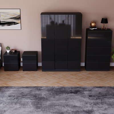 Taniesha 4 Piece Bedroom Set (2 Drawer Bedside Chest X2, 5 Drawer Chest, 3 Door 2 Drawer Wardrobe), (100% FSC)