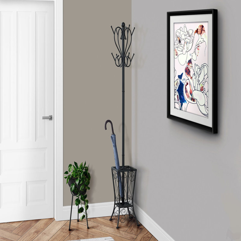 Coat Rack, Hall Tree, Free Standing, 8 Hooks, Entryway, 71"h, Umbrella Holder, Bedroom, Black Metal, Transitional