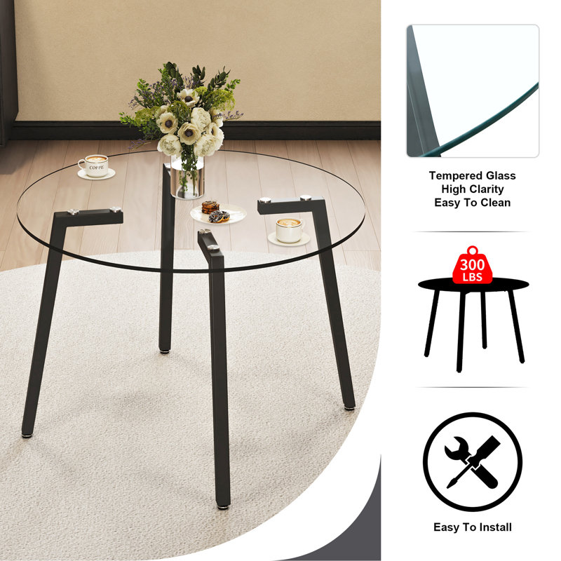 Modern Round Clear Tempered Glass Dining Table, Gold, 29.5" H x 47.3" W x 47.3" D