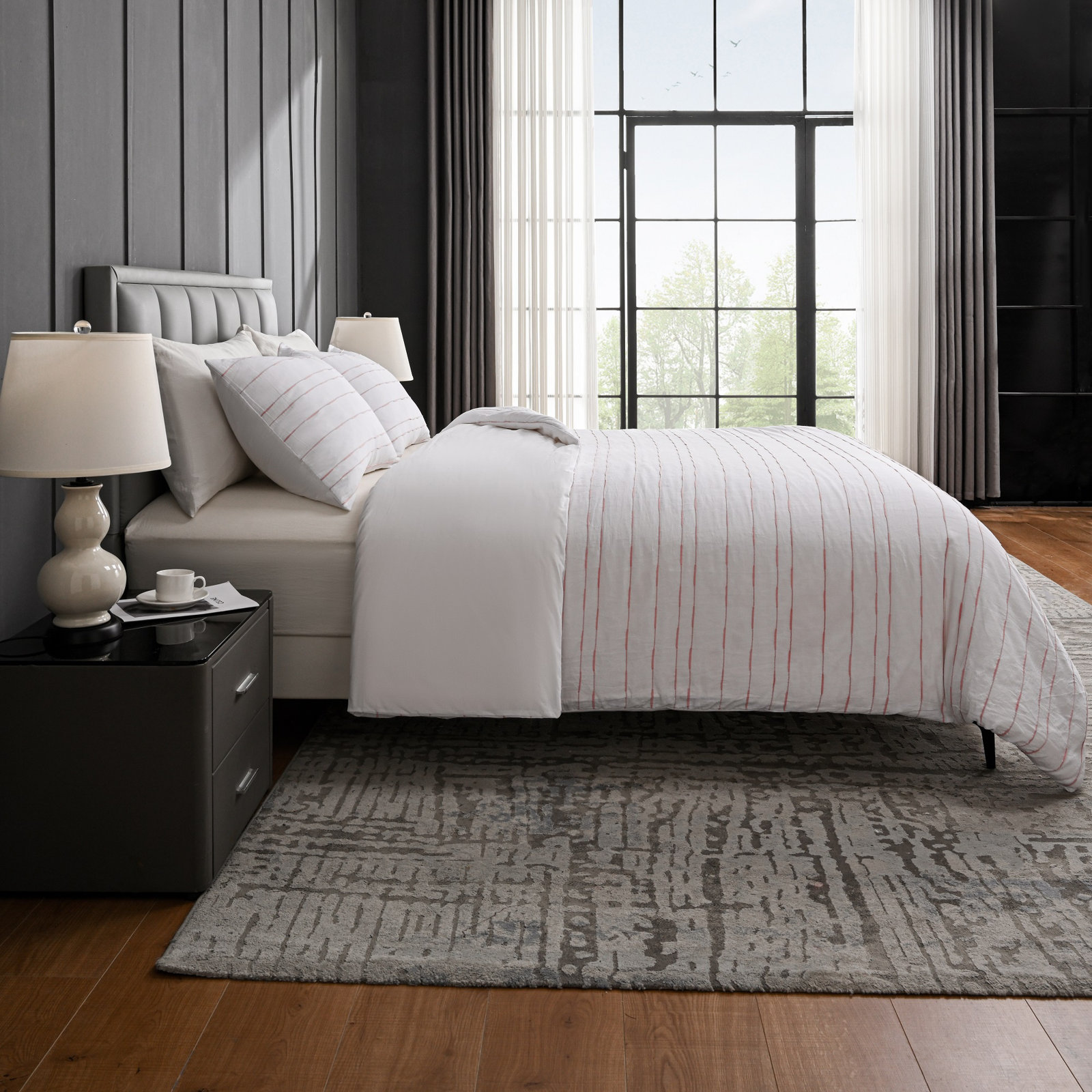 Zari Cotton Percale Duvet Cover Set, Queen Duvet Cover + 2 Standard Shams, White/Pink