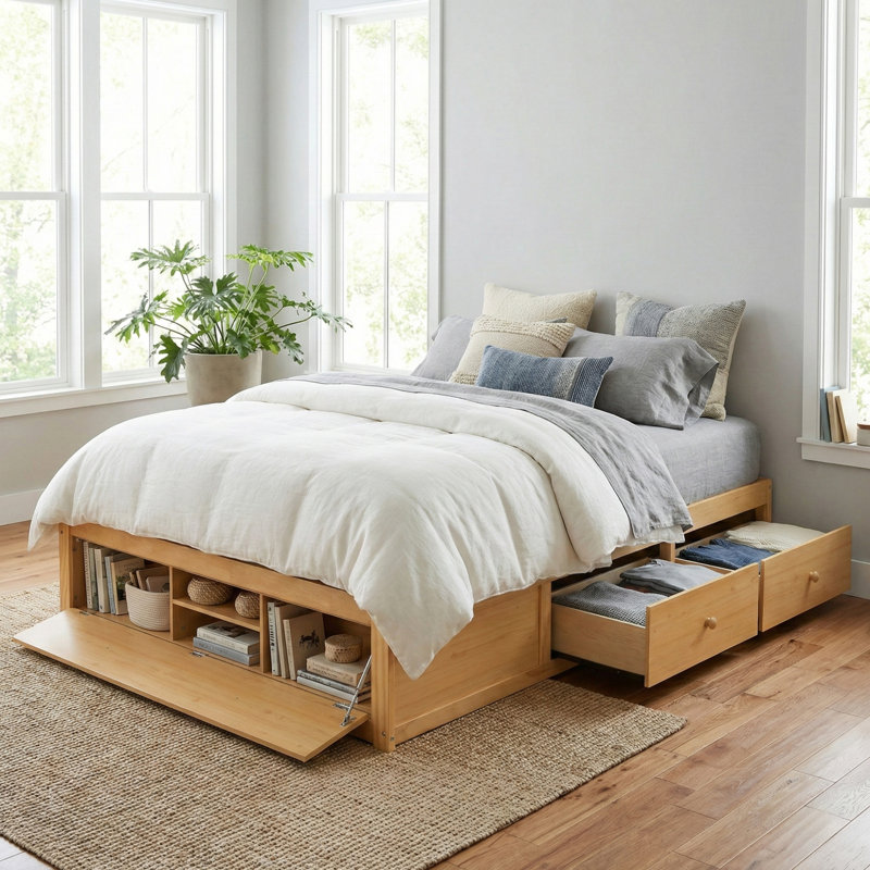 Queen Size Platform Bed Frame with 4 Storage Drawers & Hydraulic Lift Footboard Storage, No Headboard, Modern Space-Saving, Natural