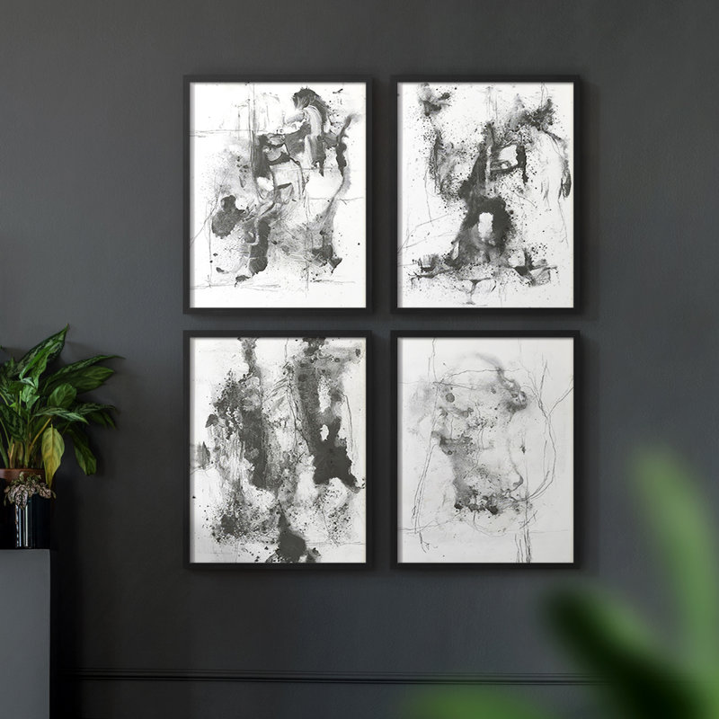 Graphite abstrait I, reproduction encadrée - ensemble de 4, Noir, H 10 po x l 8 po
