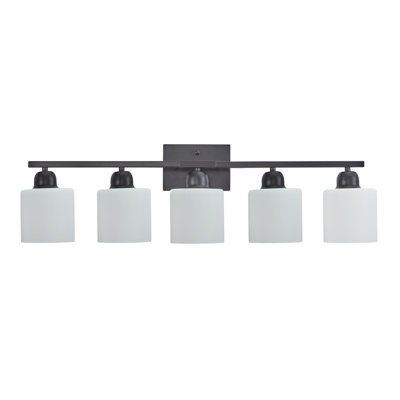 Luminaires de salle de bain noirs, miroir de coiffeuse moderne à 5 lumières, appliques murales avec abat-jour en verre givré blanc laiteux, douille E26 (ampoules non incluses)